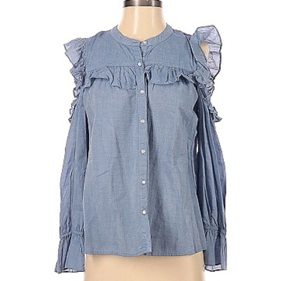 Joie Akari Ruffle Cold Shoulder Chambray Long Sleeve Button Front Blouse Top - Picture 2 of 9